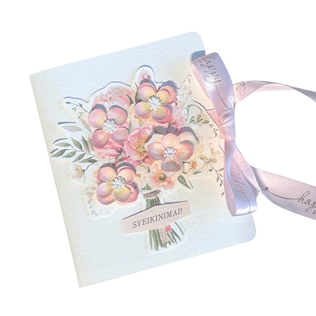 Atvirukas gimtadieniui, rožinis, su vokeliu viduje